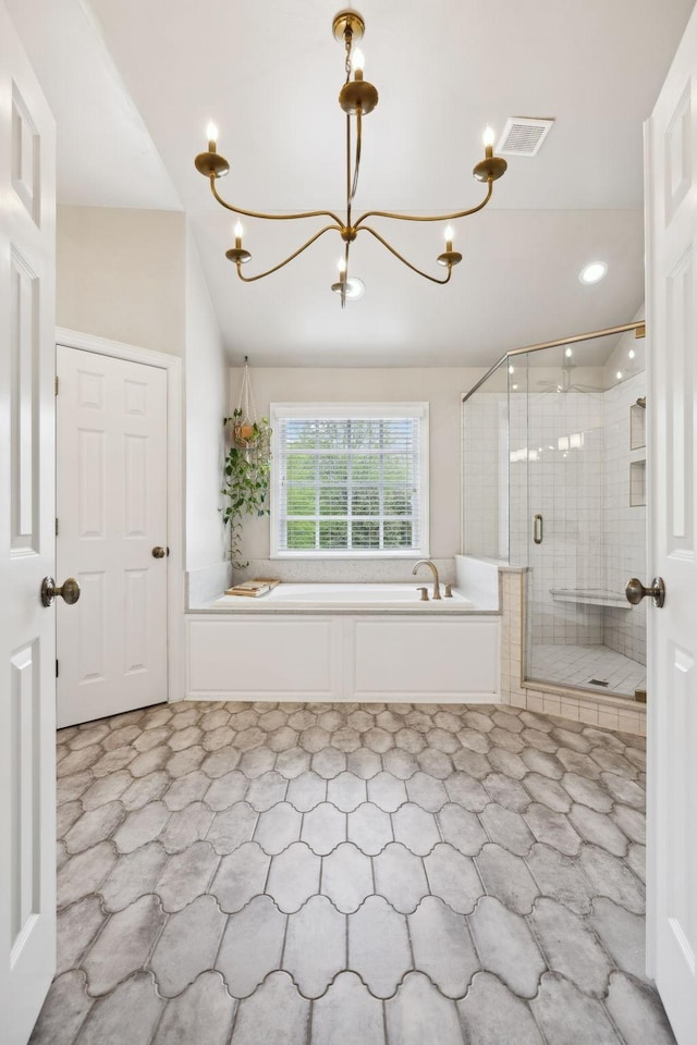 200 Addison Ave, Franklin, TN 37064 - full bathroom featuring a chandelier, a bath, a shower stall, and lofted ceiling