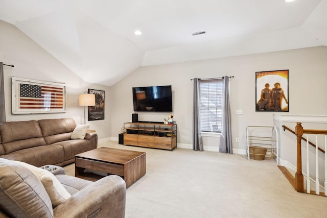 200 Addison Ave, Franklin, TN 37064 - living area featuring light carpet, baseboards, lofted ceiling, and recessed lighting