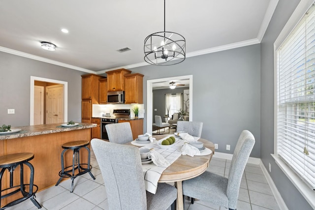 5239 Starnes Dr, Murfreesboro, TN 37128 - dining space featuring light tile patterned flooring, a chandelier, crown molding, baseboards, and a ceiling fan