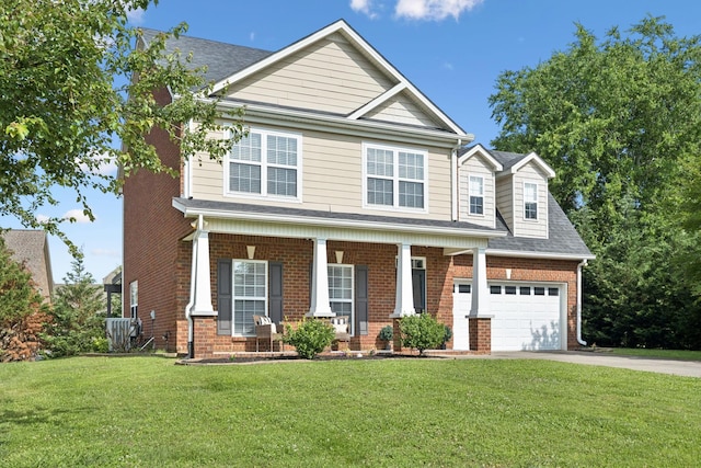 5239 Starnes Dr, Murfreesboro, TN 37128 - craftsman house with covered porch, concrete driveway, a front yard, brick siding, and cooling unit