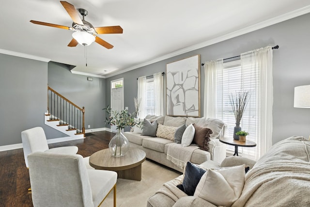 5239 Starnes Dr, Murfreesboro, TN 37128 - living room featuring ornamental molding, stairs, a ceiling fan, baseboards, and wood finished floors