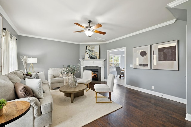 5239 Starnes Dr, Murfreesboro, TN 37128 - living area featuring baseboards, a ceiling fan, a fireplace, dark wood-style floors, and ornamental molding