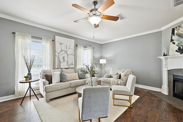 5239 Starnes Dr, Murfreesboro, TN 37128 - living room featuring a ceiling fan, hardwood / wood-style floors, a fireplace, ornamental molding, and baseboards