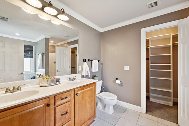 5239 Starnes Dr, Murfreesboro, TN 37128 - bathroom with tile patterned floors, double vanity, toilet, ornamental molding, and baseboards