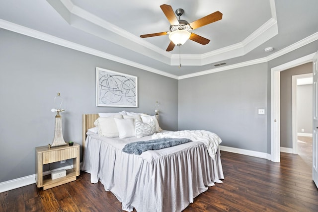 5239 Starnes Dr, Murfreesboro, TN 37128 - bedroom featuring a raised ceiling, wood finished floors, crown molding, baseboards, and ceiling fan