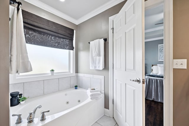 5239 Starnes Dr, Murfreesboro, TN 37128 - full bath featuring a whirlpool tub, ornamental molding, connected bathroom, tile patterned floors, and baseboards