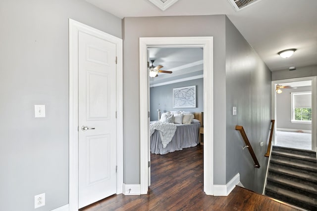 5239 Starnes Dr, Murfreesboro, TN 37128 - hallway with an upstairs landing, dark wood-style flooring, and baseboards
