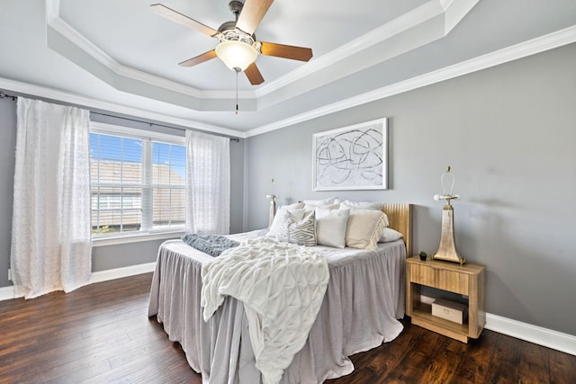 5239 Starnes Dr, Murfreesboro, TN 37128 - bedroom with a tray ceiling, dark wood-type flooring, ornamental molding, baseboards, and a ceiling fan