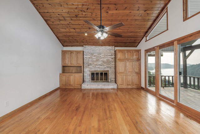 1634 Falling Water Rd, Sparta, TN 38583 - unfurnished living room featuring high vaulted ceiling, ceiling fan, baseboards, wood ceiling, and light wood-type flooring
