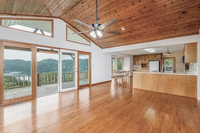1634 Falling Water Rd, Sparta, TN 38583 - unfurnished living room with wooden ceiling, high vaulted ceiling, light wood-style floors, a ceiling fan, and baseboards