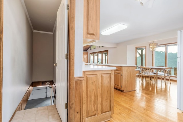 1634 Falling Water Rd, Sparta, TN 38583 - kitchen with light countertops, plenty of natural light, crown molding, light wood-style floors, and a peninsula