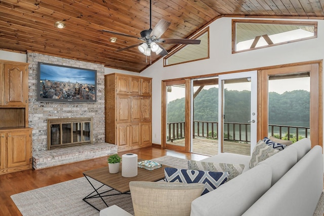 1634 Falling Water Rd, Sparta, TN 38583 - living room with wooden ceiling, ceiling fan, plenty of natural light, wood finished floors, and high vaulted ceiling