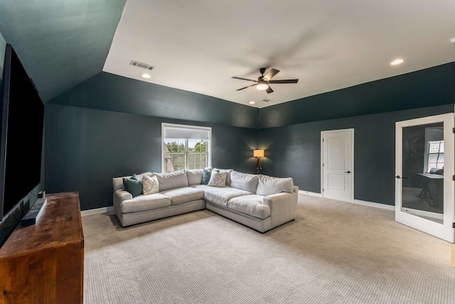 115 Wise Rd, Franklin, TN 37064 - living area featuring light carpet, a ceiling fan, lofted ceiling, baseboards, and recessed lighting
