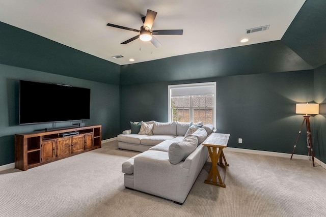 115 Wise Rd, Franklin, TN 37064 - living room with light colored carpet, baseboards, lofted ceiling, ceiling fan, and recessed lighting