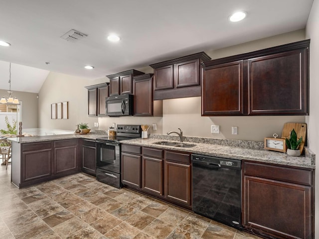 3031 Joseph Dr, Spring Hill, TN 37174 - kitchen featuring black appliances, a sink, a peninsula, dark brown cabinets, and light stone counters