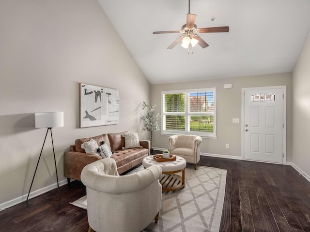 3031 Joseph Dr, Spring Hill, TN 37174 - living area with wood finished floors, baseboards, ceiling fan, and high vaulted ceiling