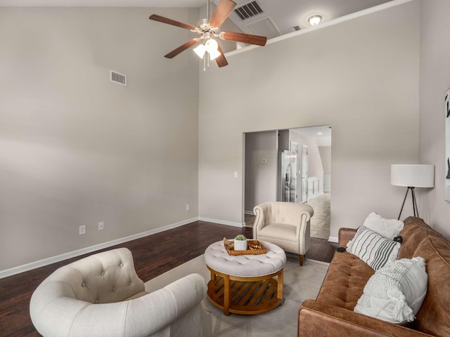 3031 Joseph Dr, Spring Hill, TN 37174 - living room featuring ceiling fan, high vaulted ceiling, baseboards, and wood finished floors
