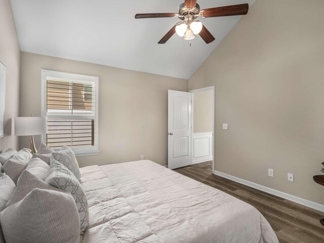 3031 Joseph Dr, Spring Hill, TN 37174 - bedroom featuring baseboards, dark wood finished floors, high vaulted ceiling, and ceiling fan