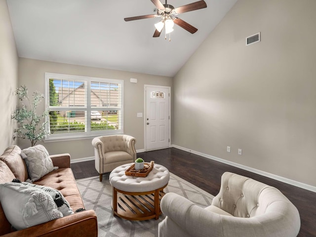 3031 Joseph Dr, Spring Hill, TN 37174 - living room featuring baseboards, a ceiling fan, high vaulted ceiling, and wood finished floors
