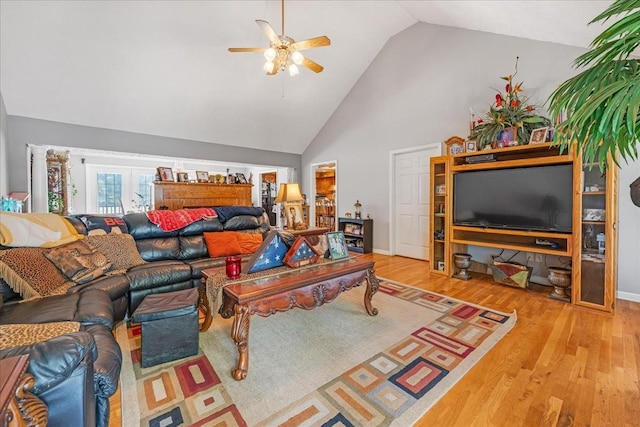 431 Jack Thomas Dr, Manchester, TN 37355 - living room featuring a ceiling fan, wood finished floors, and high vaulted ceiling