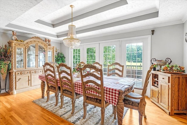 431 Jack Thomas Dr, Manchester, TN 37355 - dining area featuring light wood finished floors, a chandelier, crown molding, a textured ceiling, and a tray ceiling