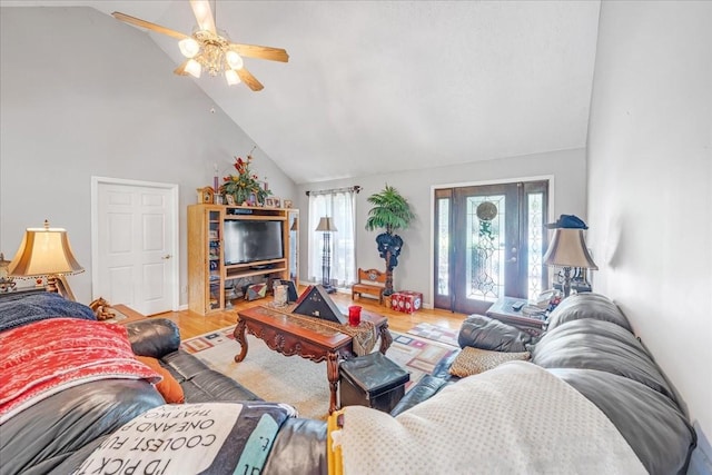 431 Jack Thomas Dr, Manchester, TN 37355 - living area featuring a ceiling fan, high vaulted ceiling, and wood finished floors