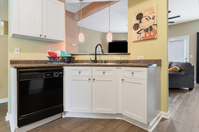 1515 Bridgecrest Dr Unit 220, Antioch, TN 37013 - kitchen with black dishwasher, dark countertops, wood finished floors, white cabinets, and a sink