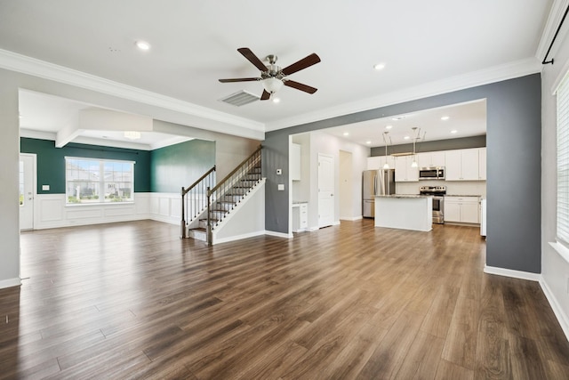 3211 Briar Chapel Dr, Murfreesboro, TN 37128 - unfurnished living room featuring stairway, a ceiling fan, dark wood-type flooring, ornamental molding, and recessed lighting