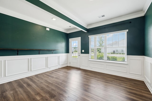 3211 Briar Chapel Dr, Murfreesboro, TN 37128 - unfurnished room featuring crown molding, wainscoting, dark wood-style flooring, a decorative wall, and beamed ceiling