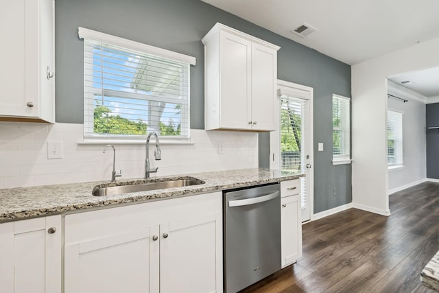 3211 Briar Chapel Dr, Murfreesboro, TN 37128 - kitchen featuring stainless steel dishwasher, a sink, dark wood-type flooring, and white cabinetry