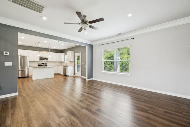 3211 Briar Chapel Dr, Murfreesboro, TN 37128 - unfurnished living room with crown molding, ceiling fan, dark wood-style floors, baseboards, and recessed lighting