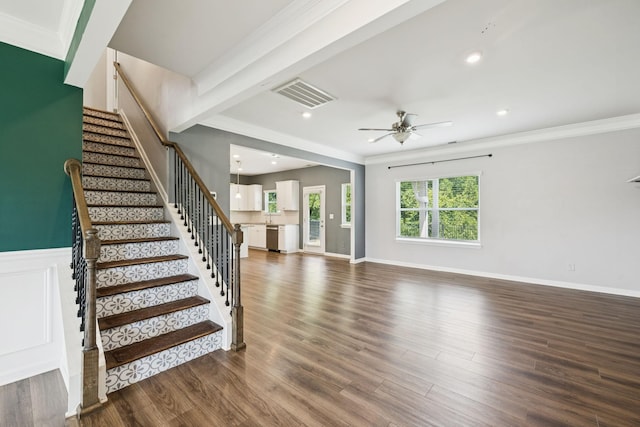 3211 Briar Chapel Dr, Murfreesboro, TN 37128 - unfurnished living room with a ceiling fan, stairway, ornamental molding, wood finished floors, and recessed lighting
