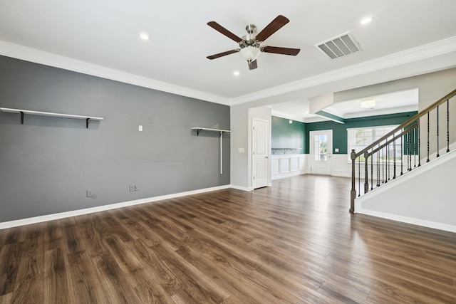 3211 Briar Chapel Dr, Murfreesboro, TN 37128 - unfurnished living room with ceiling fan, ornamental molding, stairway, wood finished floors, and recessed lighting
