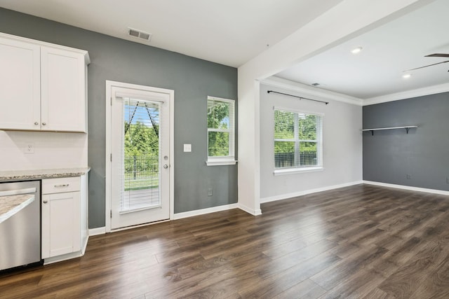 3211 Briar Chapel Dr, Murfreesboro, TN 37128 - interior space featuring stainless steel dishwasher, white cabinets, dark wood-style floors, light stone counters, and ornamental molding