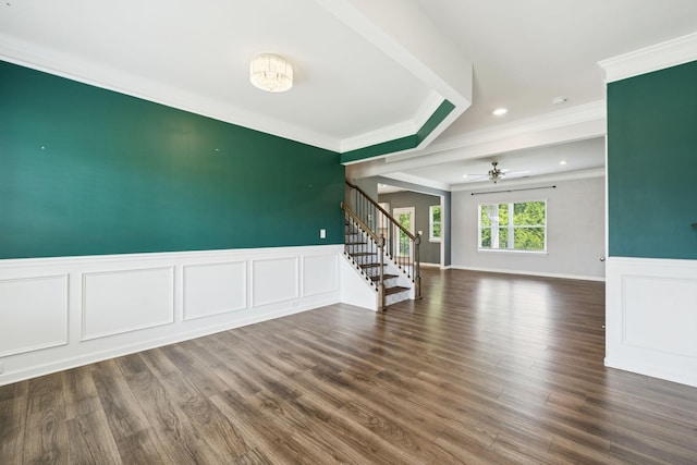 3211 Briar Chapel Dr, Murfreesboro, TN 37128 - empty room featuring ornamental molding, stairway, a wainscoted wall, wood finished floors, and recessed lighting