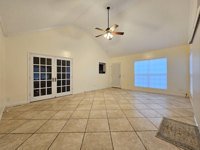 2524 Distillery Rd, Greenbrier, TN 37073 - empty room featuring ceiling fan, tile patterned flooring, high vaulted ceiling, baseboards, and french doors
