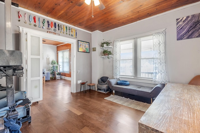 1812 Elizabeth Rd, Nashville, TN 37218 - living area featuring wood finished floors, ceiling fan, wooden ceiling, and crown molding