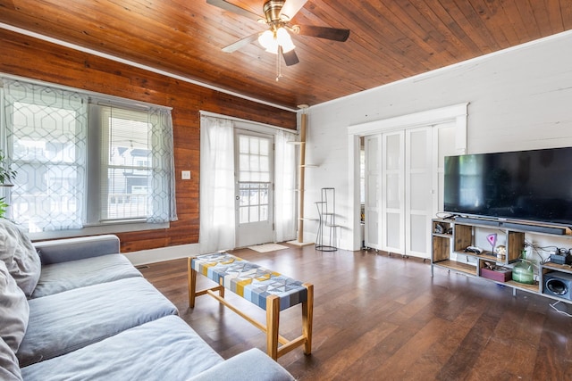 1812 Elizabeth Rd, Nashville, TN 37218 - living room featuring ceiling fan, wood-type flooring, wood ceiling, and wood walls
