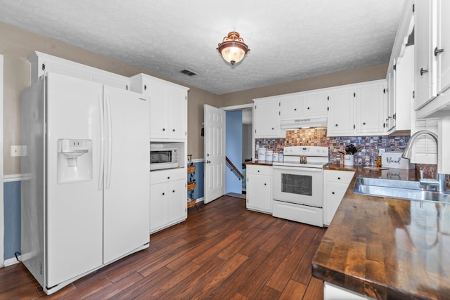 314 Millhouse Rd, Smyrna, TN 37167 - kitchen with white appliances, under cabinet range hood, a sink, dark wood-style flooring, and a textured ceiling