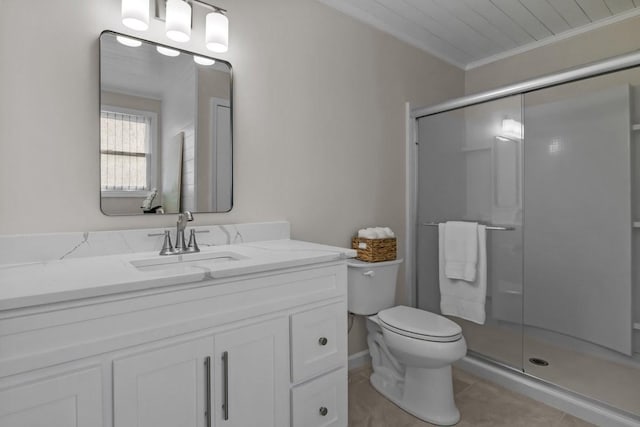 346 Spring Creek Ln, Lebanon, TN 37090 - full bathroom featuring a shower stall, vanity, toilet, tile patterned flooring, and crown molding