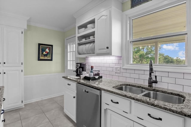 346 Spring Creek Ln, Lebanon, TN 37090 - kitchen featuring stainless steel dishwasher, a sink, white cabinets, tasteful backsplash, and ornamental molding