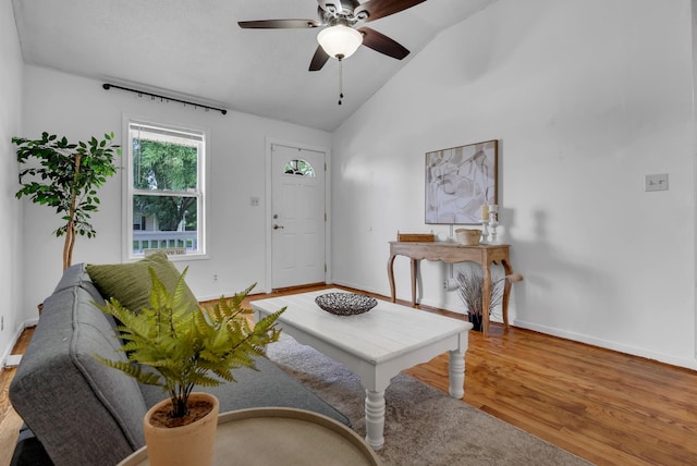 1921 Timberline Cir, Oak Grove, KY 42262 - living room with wood finished floors, baseboards, a ceiling fan, and vaulted ceiling