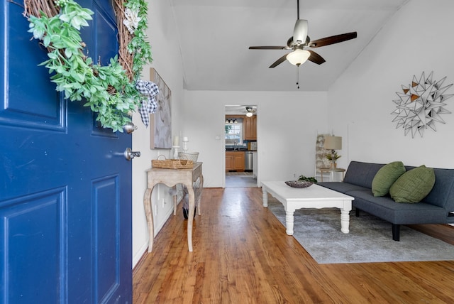 1921 Timberline Cir, Oak Grove, KY 42262 - living area with a ceiling fan, wood finished floors, and high vaulted ceiling