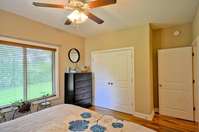3173 Porter Hills Dr, Clarksville, TN 37043 - bedroom featuring wood finished floors, a ceiling fan, a closet, and baseboards