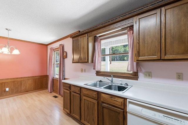366 Huffman Park Rd, Lynchburg, TN 37352 - kitchen with dishwasher, a sink, light countertops, light wood finished floors, and a wainscoted wall