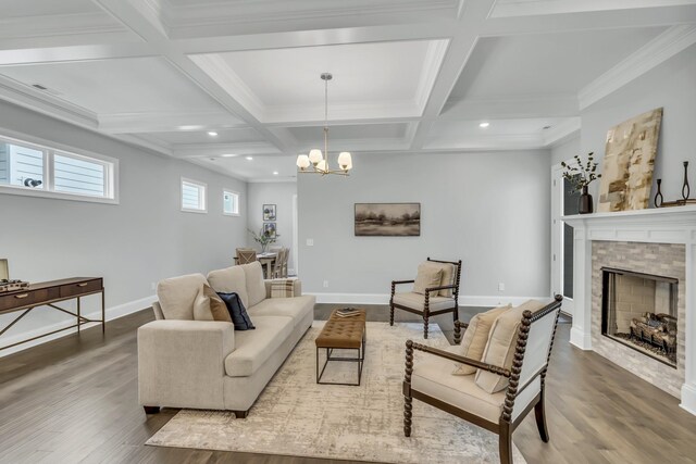 7111 Frances St, Fairview, TN 37062 - living room featuring wood finished floors, a chandelier, beam ceiling, baseboards, and coffered ceiling