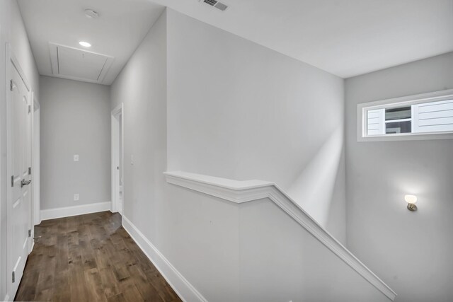7111 Frances St, Fairview, TN 37062 - hall with attic access, dark wood finished floors, an upstairs landing, and baseboards
