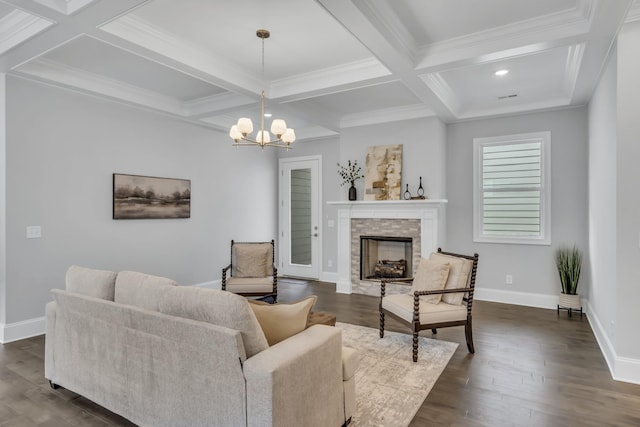 7111 Frances St, Fairview, TN 37062 - living area with coffered ceiling, a chandelier, beam ceiling, a fireplace, and dark wood-style floors