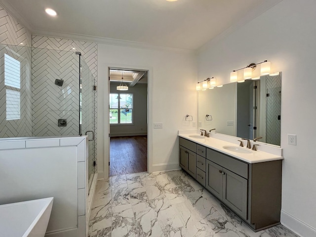7115 Frances St, Fairview, TN 37062 - full bathroom featuring ornamental molding, marble look tile flooring, double vanity, a shower stall, and a freestanding bath