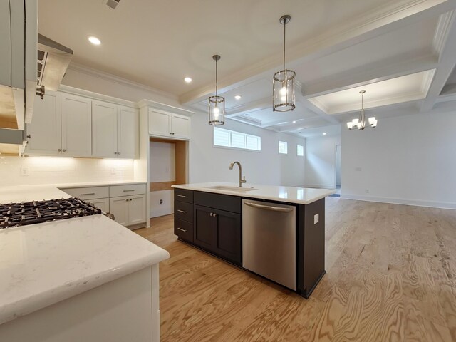 7115 Frances St, Fairview, TN 37062 - kitchen featuring dishwasher, a sink, light wood-style floors, crown molding, and white cabinetry